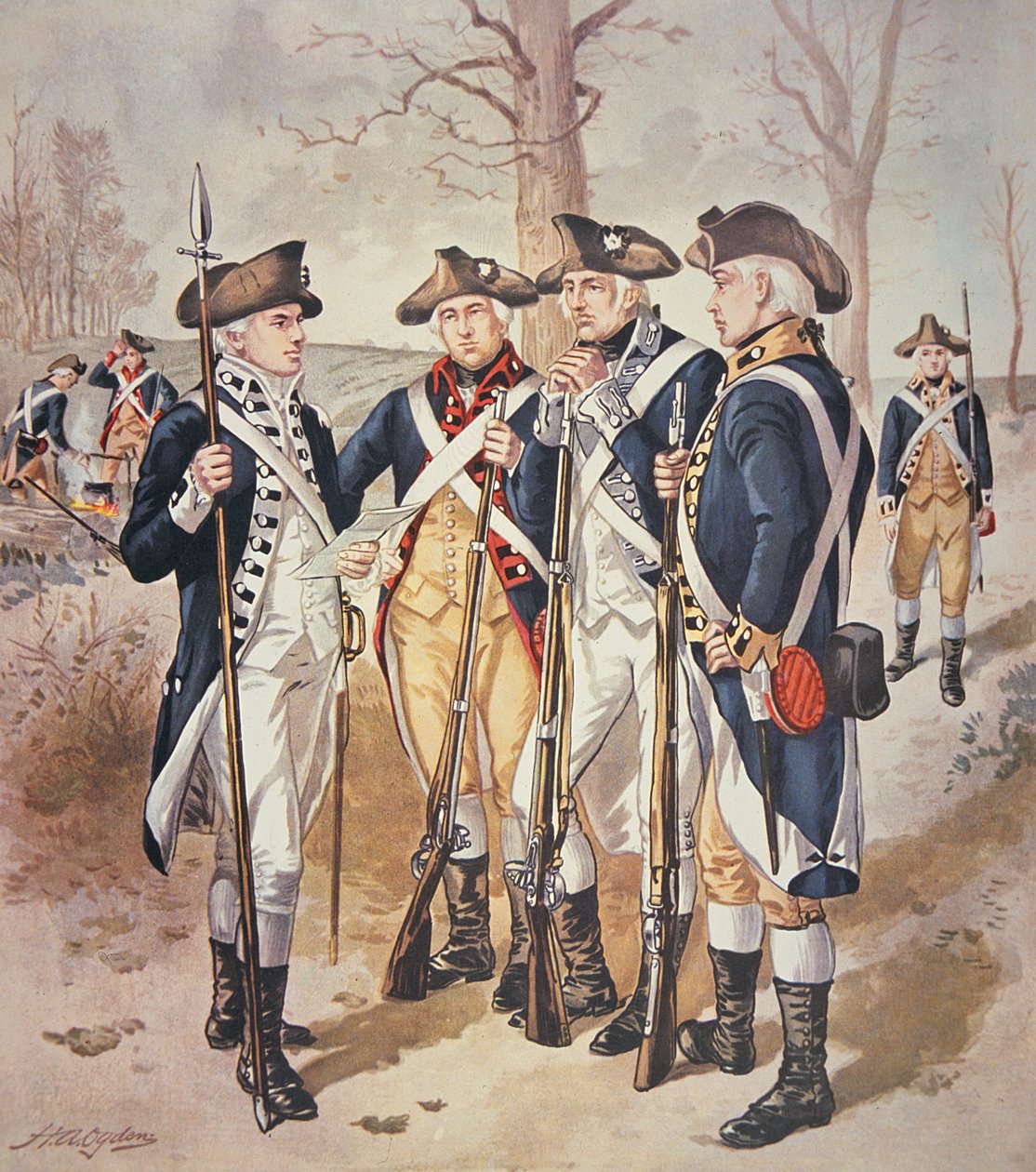 (Amerikan) Manner-armeijan jalkaväen univormut 1779-83 (akvarelli paperille) tekijältä Henry Alexander Ogden
