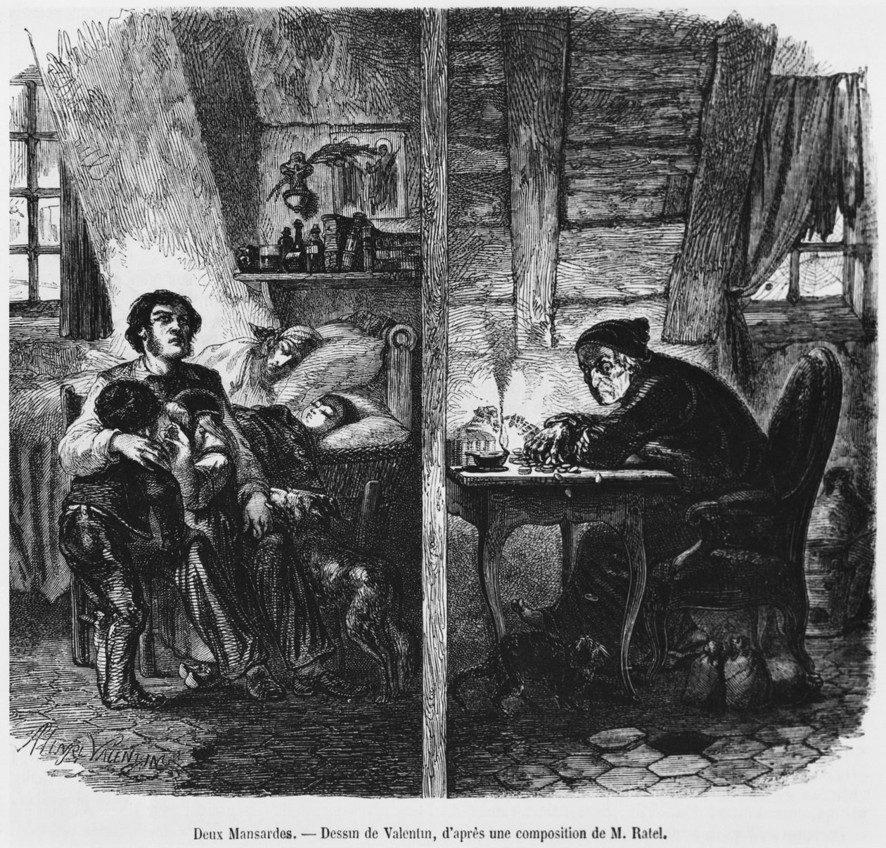 Kaksi kattohuonetta, kuvitus "Le Magasin Pittoresquesta", Pariisi, 1855 tekijältä Henry Augustin Valentin