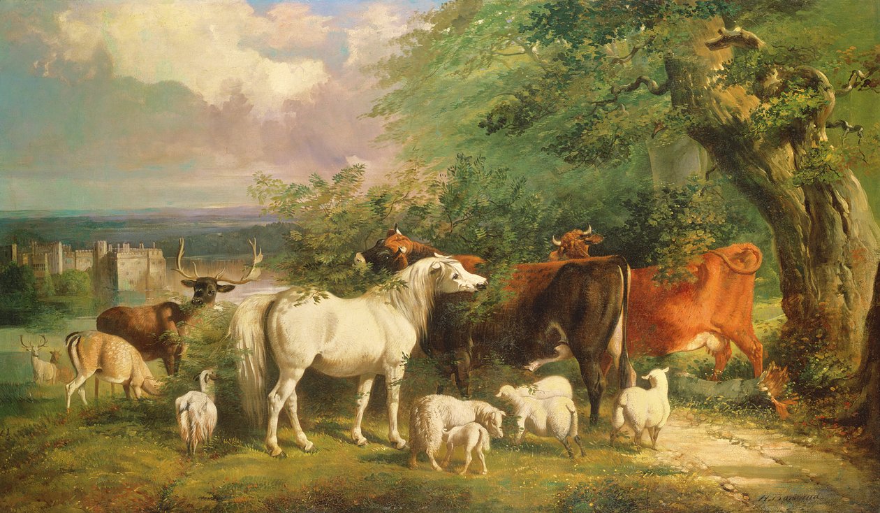 Haddon Hall, jossa on lampaita, karjaa, polttareita ja poni tekijältä Henry Barraud