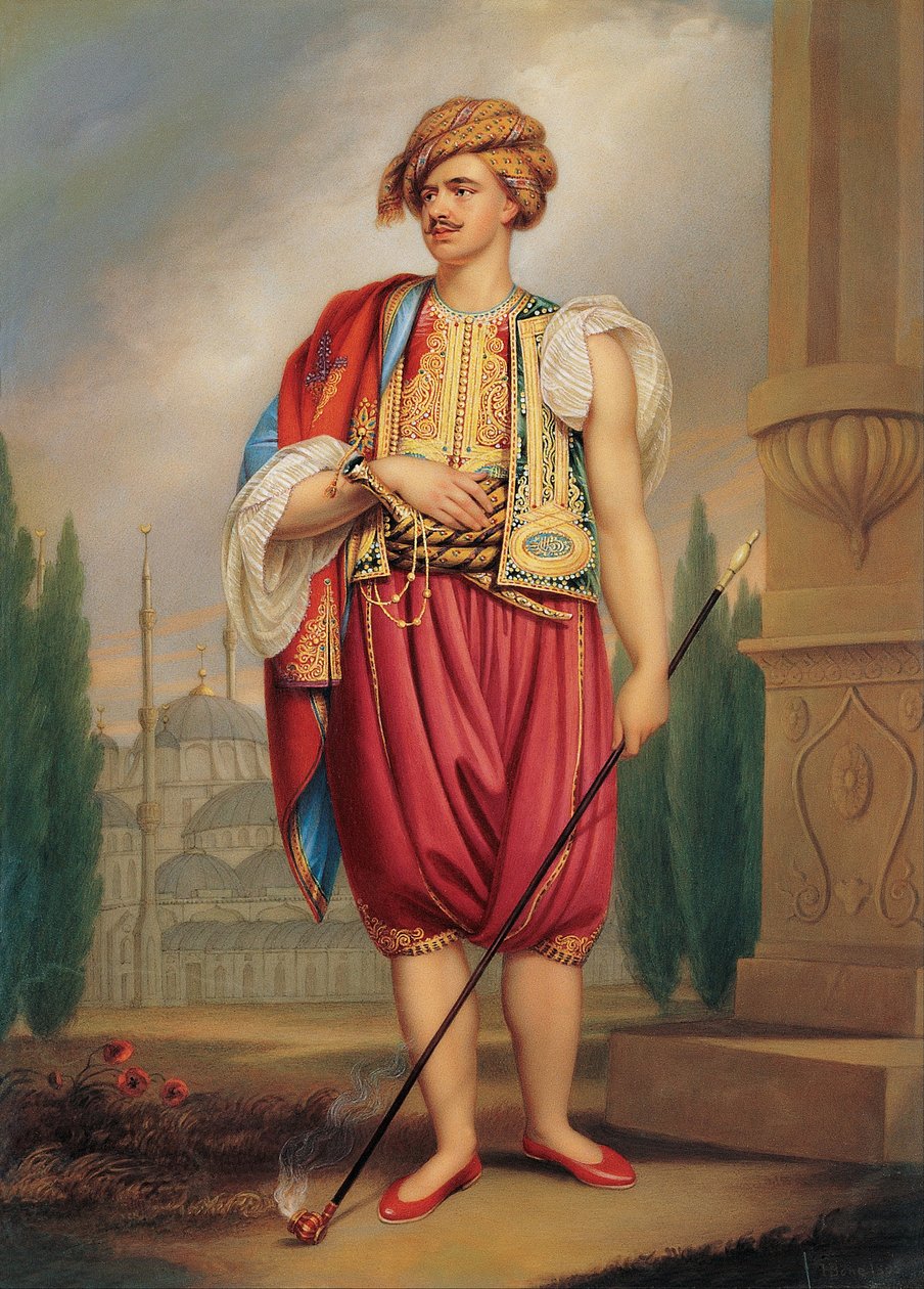 Thomas Hopen muotokuva 1769–1831 turkkilaispuvussa William Beecheyn mukaan, 1800-luvun alku. tekijältä Henry Bone