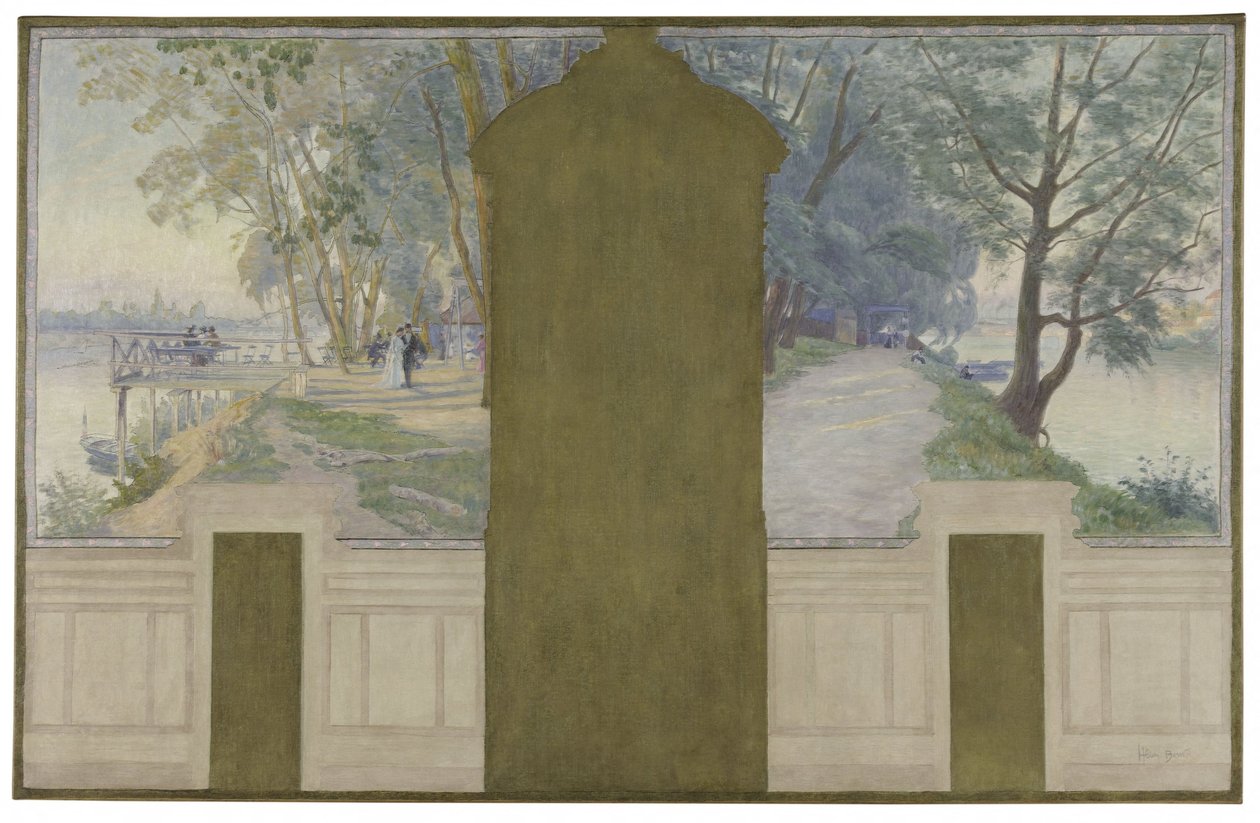 Asnièresin kaupungintalon vihkisalin luonnos: Maisemat. Seine ja Saint-Ouenin ja Courbevoien sillat, noin 1900 (öljy kankaalle). tekijältä Henry Bouvet