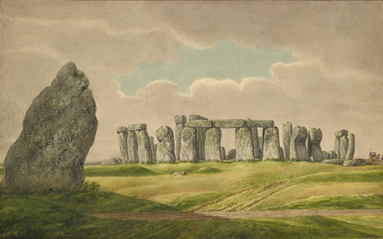Stonehenge pohjoisesta, rauniot ja kantakivi kärryineen, hevonen, henkilö, 1824-1839 tekijältä Henry Browne