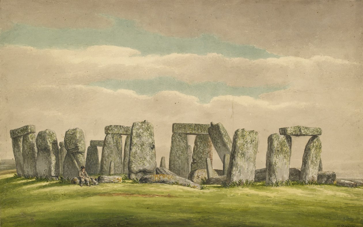 Stonehenge pohjoisesta, näyttää rauniot miehen ja koiran kanssa, 1824-1839 tekijältä Henry Browne