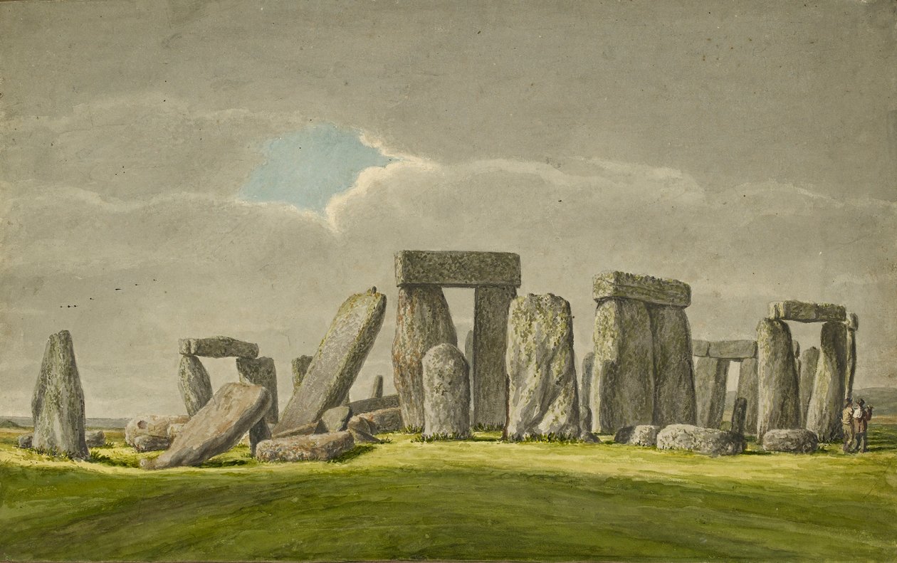 Stonehenge del S.E, que mostra pedres en estat de ruïnes amb 2 visitants, 1824-1839 finlandès tekijältä Henry Browne