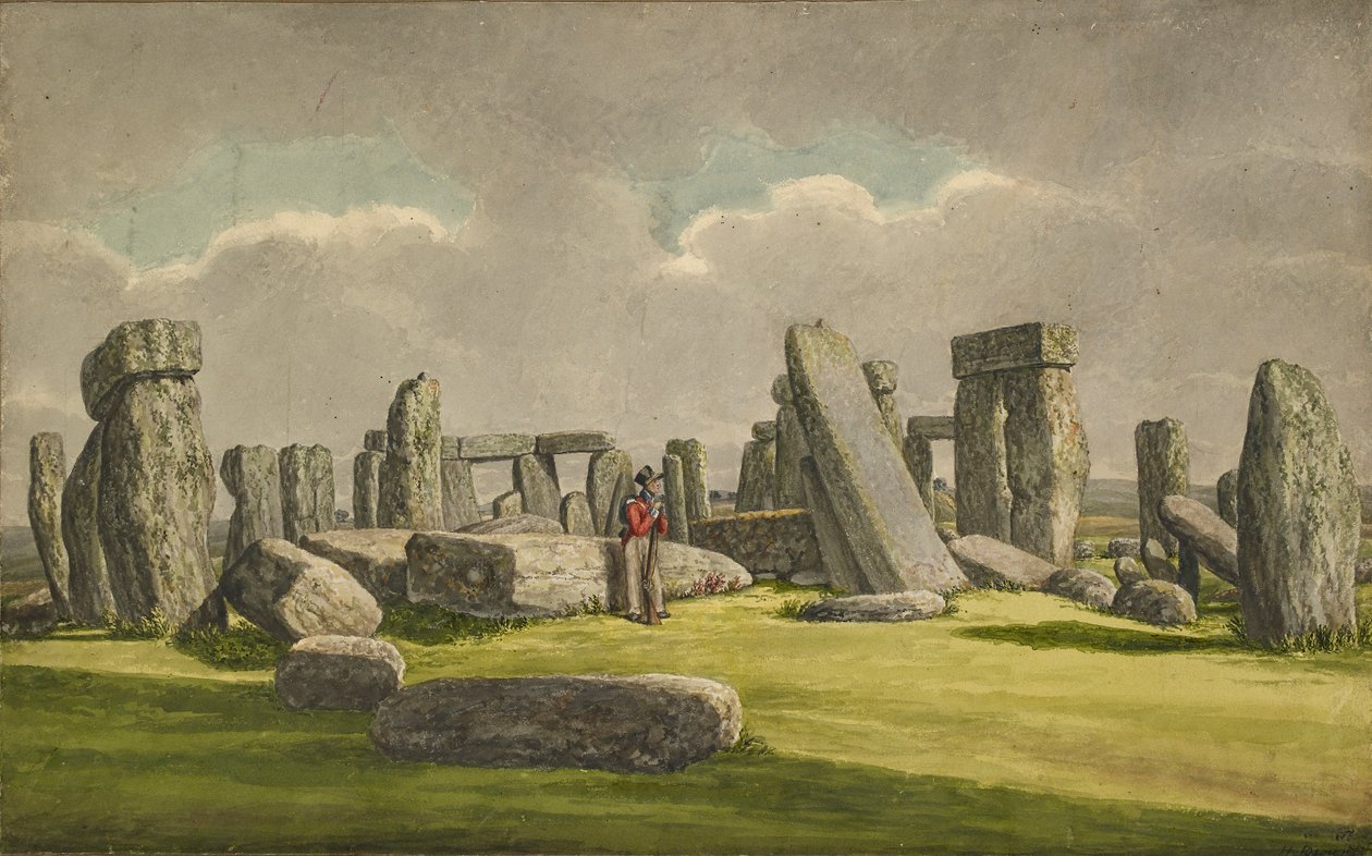 Stonehenge W.S.W.:stä, näyttää rauniot sotilaan kanssa, 1824-1839 tekijältä Henry Browne