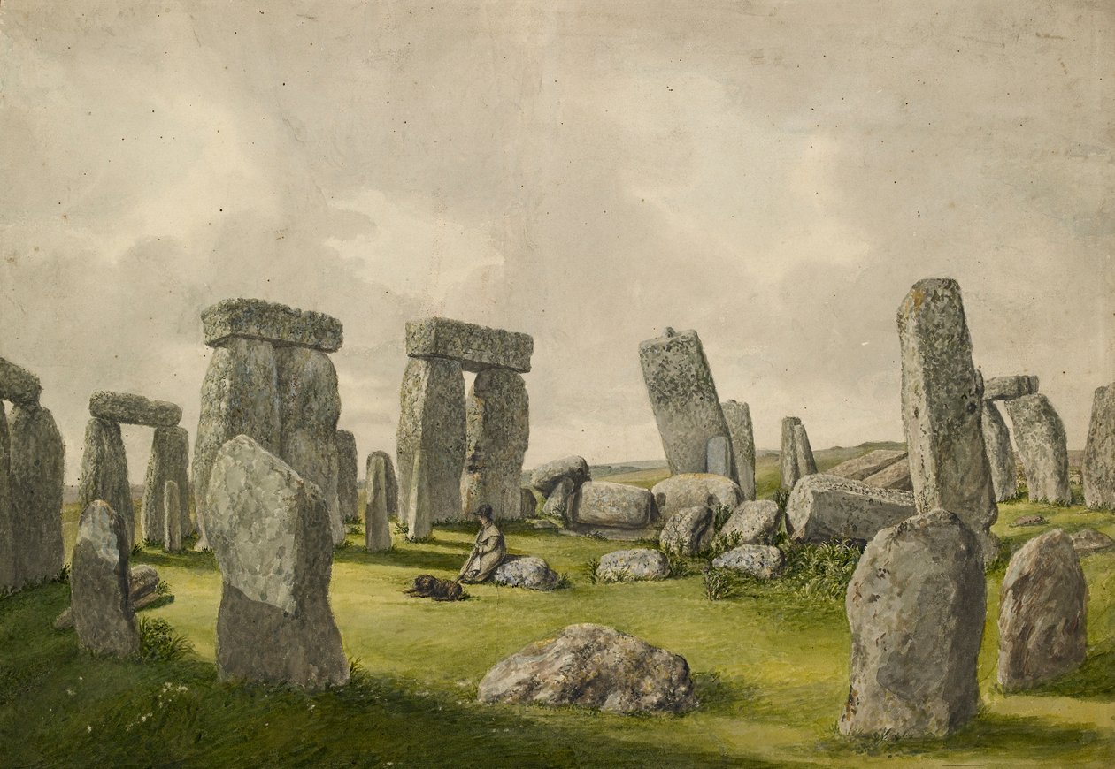Stonehengen sisätilat nykyisessä muodossaan, jossa näkyy kivien, ihmisen ja koiran sisustus, 1824-1839 tekijältä Henry Browne