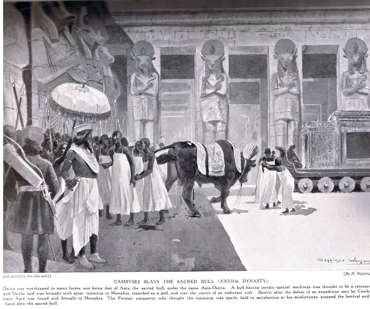 Cambyses surmaa pyhän härän, kuva Hutchinsons History of the Nations -teoksesta, n. 1910 tekijältä Henry Charles Seppings Wright