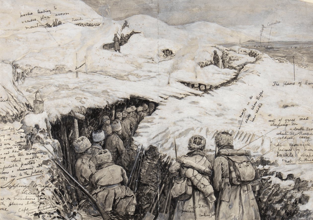 Galicia, Venäjän joukot lumipeitteisillä kukkuloilla, 13. maaliskuuta 1916 (muste & guassi paperilla) tekijältä Henry Charles Seppings Wright