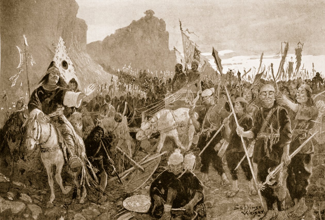 Sotilaat "palat" suussaan, kuvitus "Hutchinsons History of the Nations" -teoksesta, n. 1920 tekijältä Henry Charles Seppings Wright