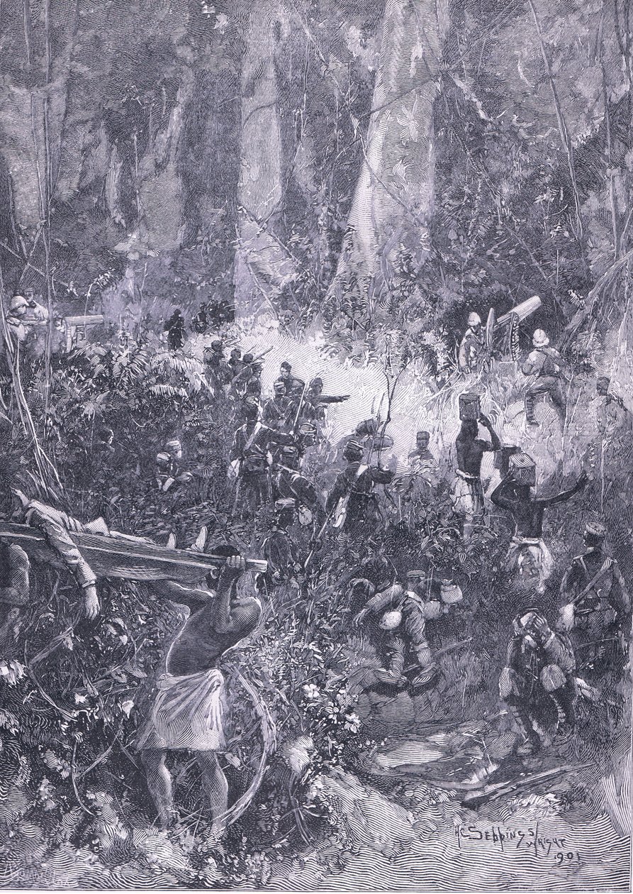 Ashantin sota 1900: Taistelu metsässä, kuva Cassellsin Englannin historiasta, 1900-luku tekijältä Henry Charles Seppings Wright