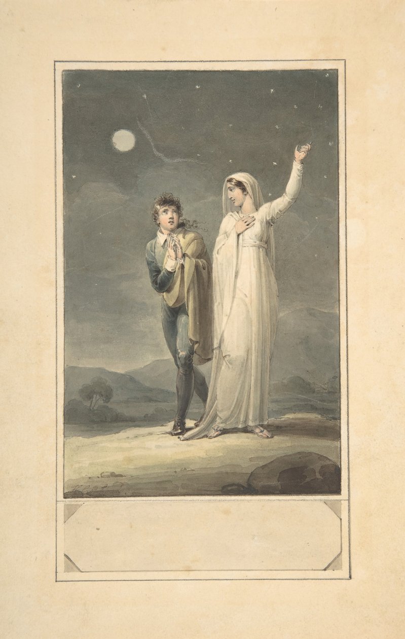 Yömaisema kahdella hahmolla -suunnittelu kaiverretulle kirjakuvitukselle, 1807-44. tekijältä Henry Corbould