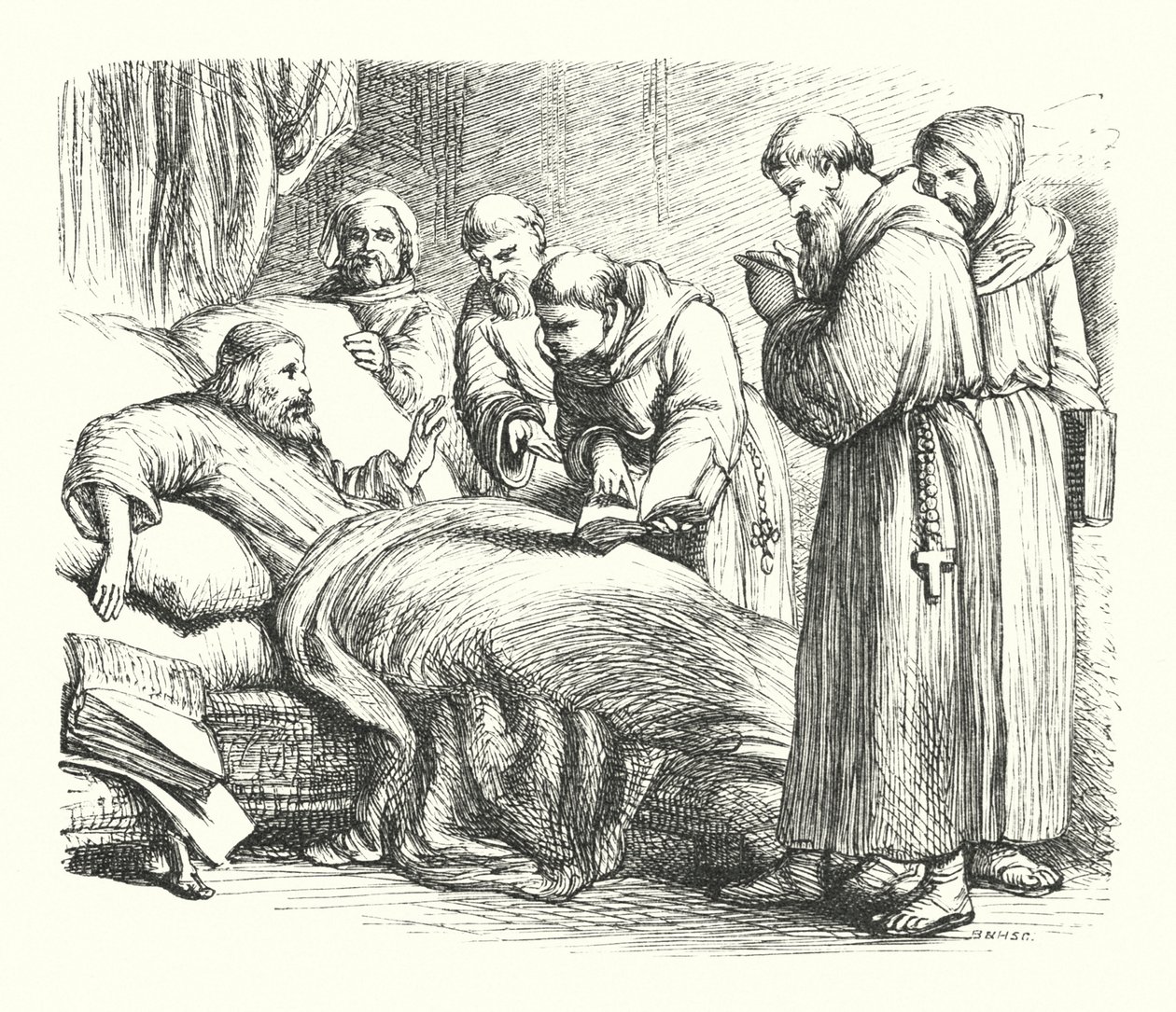 Wycliffe kuolinvuoteella (kaiverrus) tekijältä Henry Courtney (after) Selous