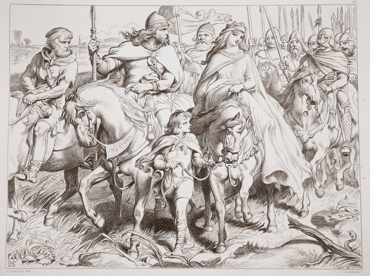 Hereward vartioi Alftrudaa turvaan, kuvitus Charles Kingsleyn teoksesta Hereward the Great, pub. 1870, kaiverrettu C.G. Lewisin toimesta (teräslevykaiverrus). tekijältä Henry Courtney Selous