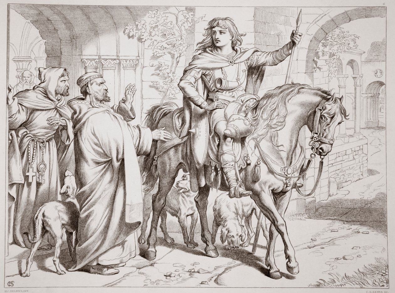 Hereward ilmoittaa setälleen Priorille, että hänet julistetaan lain ulkopuolelle. Esimerkki Charles Kingsleyn pubista Hereward the Great. 1870, kaiverrus C.G. Lewis (teräslevykaiverrus) tekijältä Henry Courtney Selous