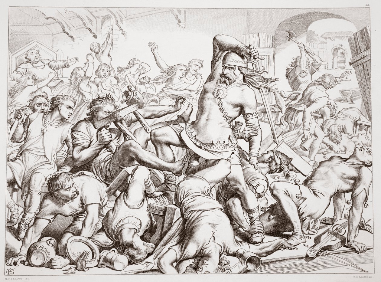 Kuinka Hereward puhdisti Bournen ranskalaisista, kuvitus Charles Kingsleyn teoksesta Hereward the Great, julkaisu. 1870, kaiverrettu C.G. Lewisin toimesta (teräslevykaiverrus). tekijältä Henry Courtney Selous