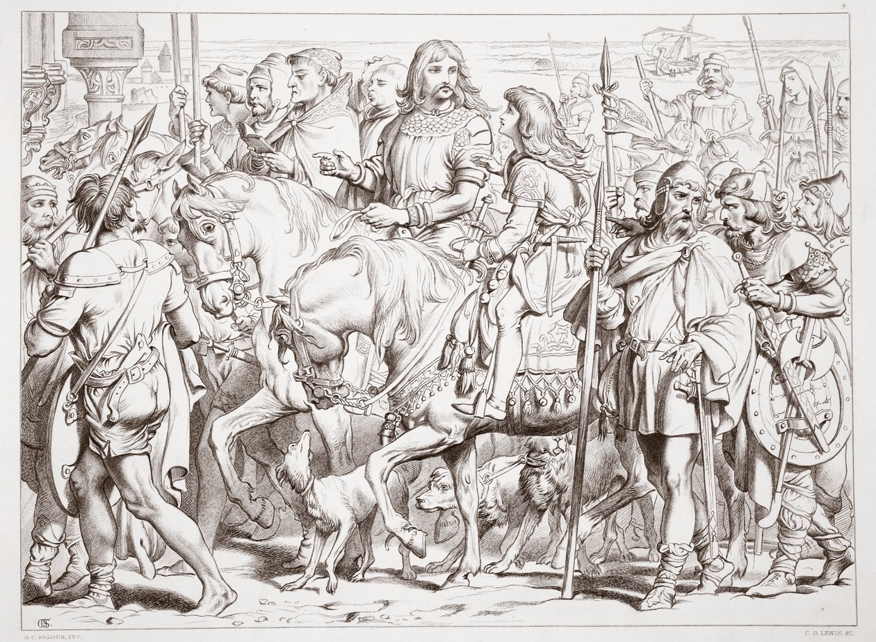 Kuinka Hereward astuu pyhitettyyn St. Bertinin linnoitukseen, kuvitus Charles Kingsleyn Hereward Suuresta, pubi. 1870, kaiverrus C.G. Lewis (teräslevykaiverrus) tekijältä Henry Courtney Selous