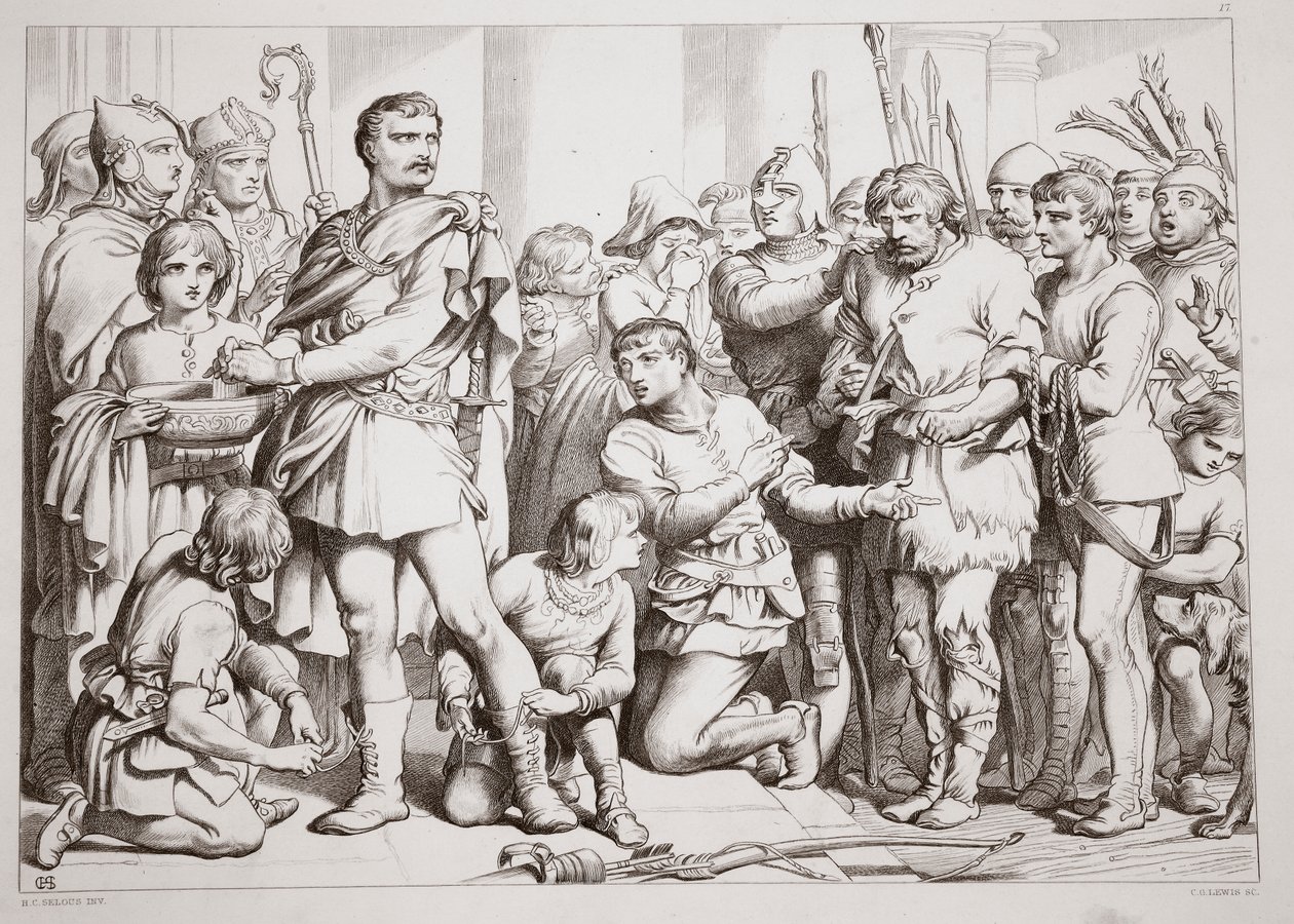 Kuinka Hereward näytteli savenvalajaa ja petti kuningasta, Charles Kingsleyn kuvitus Hereward Suuresta, pubi. 1870, kaiverrus C.G. Lewis (teräslevykaiverrus) tekijältä Henry Courtney Selous