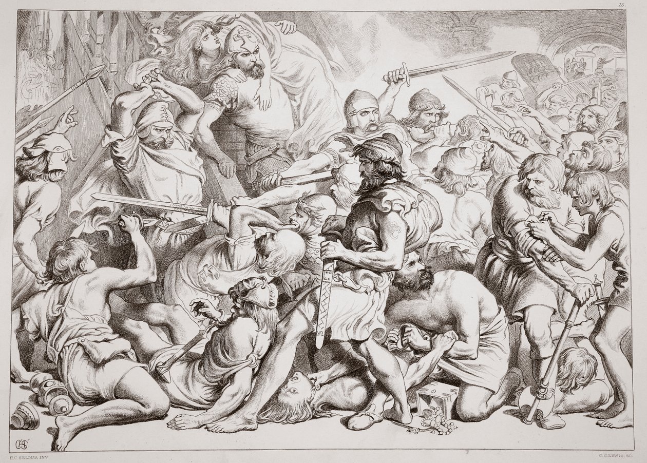How Hereward pelastaa Alftrudan, Charles Kingsleyn kuvitus Hereward the Greatista, pubi. 1870, kaiverrus C.G. Lewis (teräslevykaiverrus) tekijältä Henry Courtney Selous