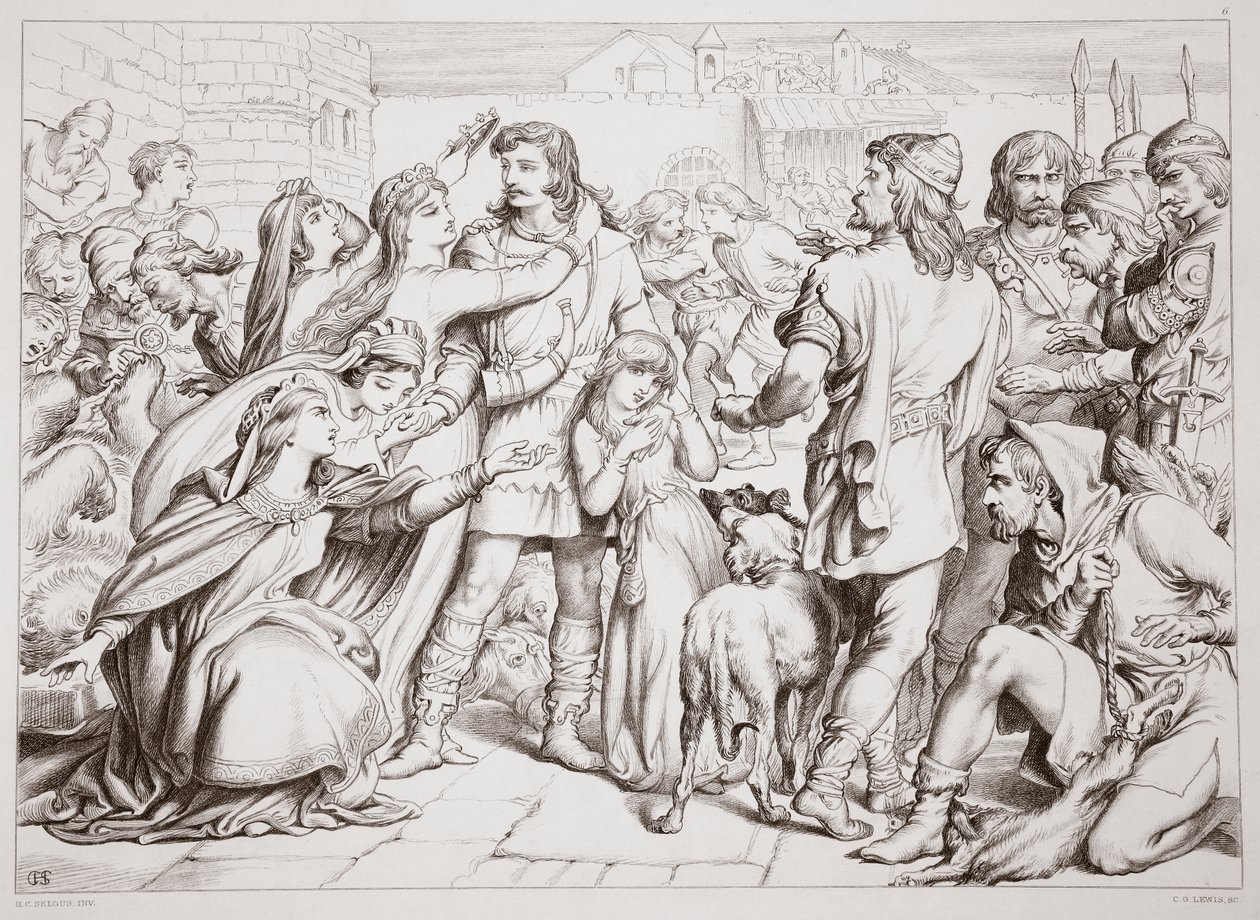 Kuinka Hereward tappoi karhun, kuvitus Charles Kingsleyn Hereward the Great -kirjasta, pubi. 1870, kaiverrus C.G. Lewis (teräslevykaiverrus) tekijältä Henry Courtney Selous