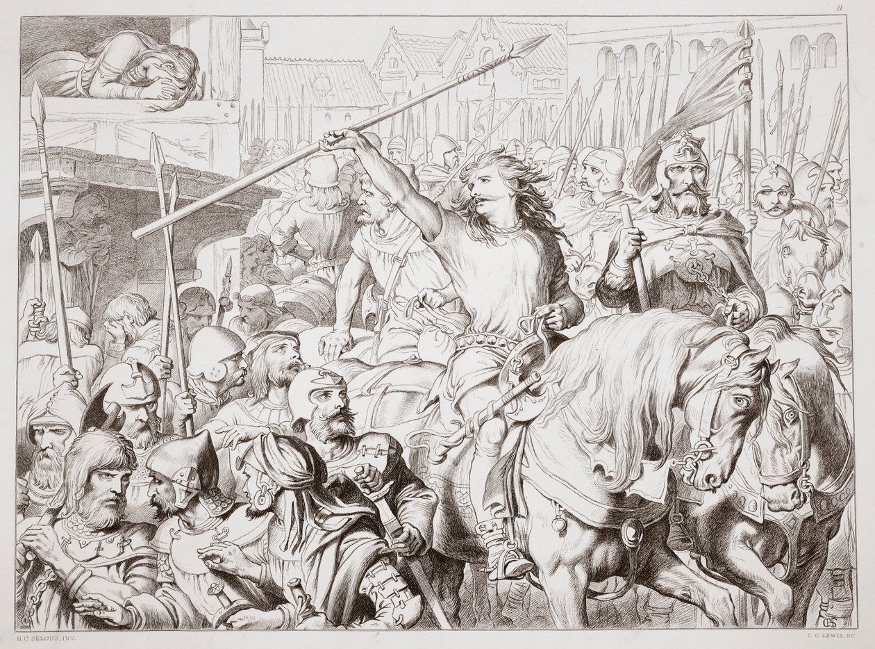 Kuinka Hereward kääntyi Berserkeriksi, Charles Kingsleyn kuvitus Hereward Suuresta, pub. 1870, kaiverrus C.G. Lewis (teräslevykaiverrus) tekijältä Henry Courtney Selous