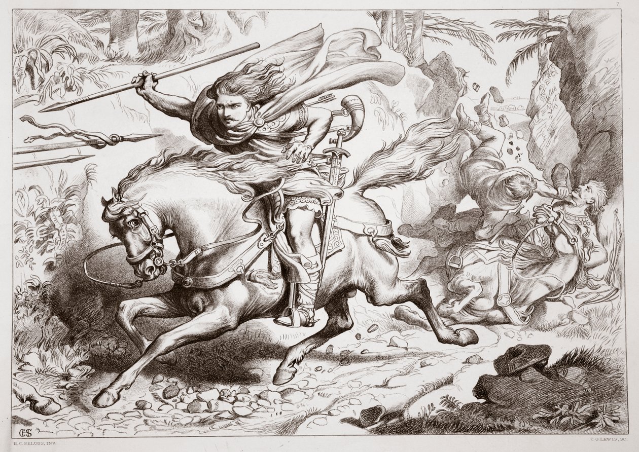 Kuinka Hereward joutui ansaan, Charles Kingsleyn kuvitus Hereward Suuresta, pubi. 1870, kaiverrus C.G. Lewis (teräslevykaiverrus) tekijältä Henry Courtney Selous