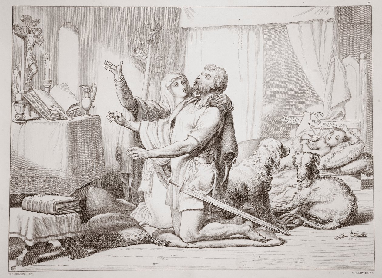 Kuinka Torfrida opettaa Herewardia rukoilemaan, Charles Kingsleyn esimerkki Hereward the Greatista, pub. 1870, kaiverrus C.G. Lewis (teräslevykaiverrus) tekijältä Henry Courtney Selous