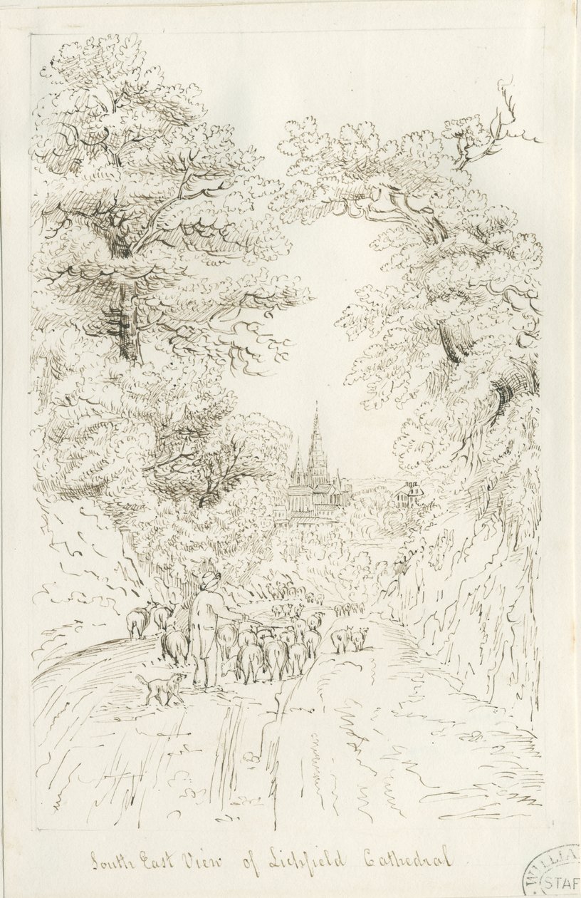 Lichfield Cathedral - Kaakkoisnäkymä (kaukainen): kynäpiirros, nd [19th Century] (piirustus) tekijältä Henry Curzon Allport