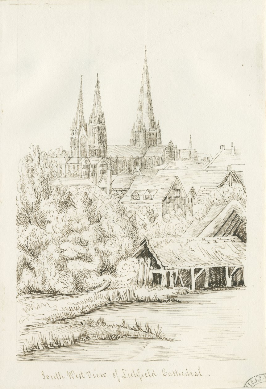 Lichfieldin katedraali - Lounaisnäkymä: kynäpiirros, nd [?1788-1855] (piirustus) tekijältä Henry Curzon Allport