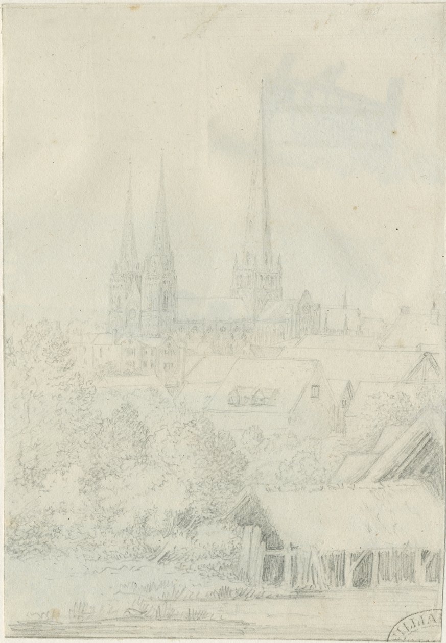 Lichfieldin katedraali - Lounaisnäkymä: lyijykynäpiirros, nd [?1788-1855] (piirustus) tekijältä Henry Curzon Allport