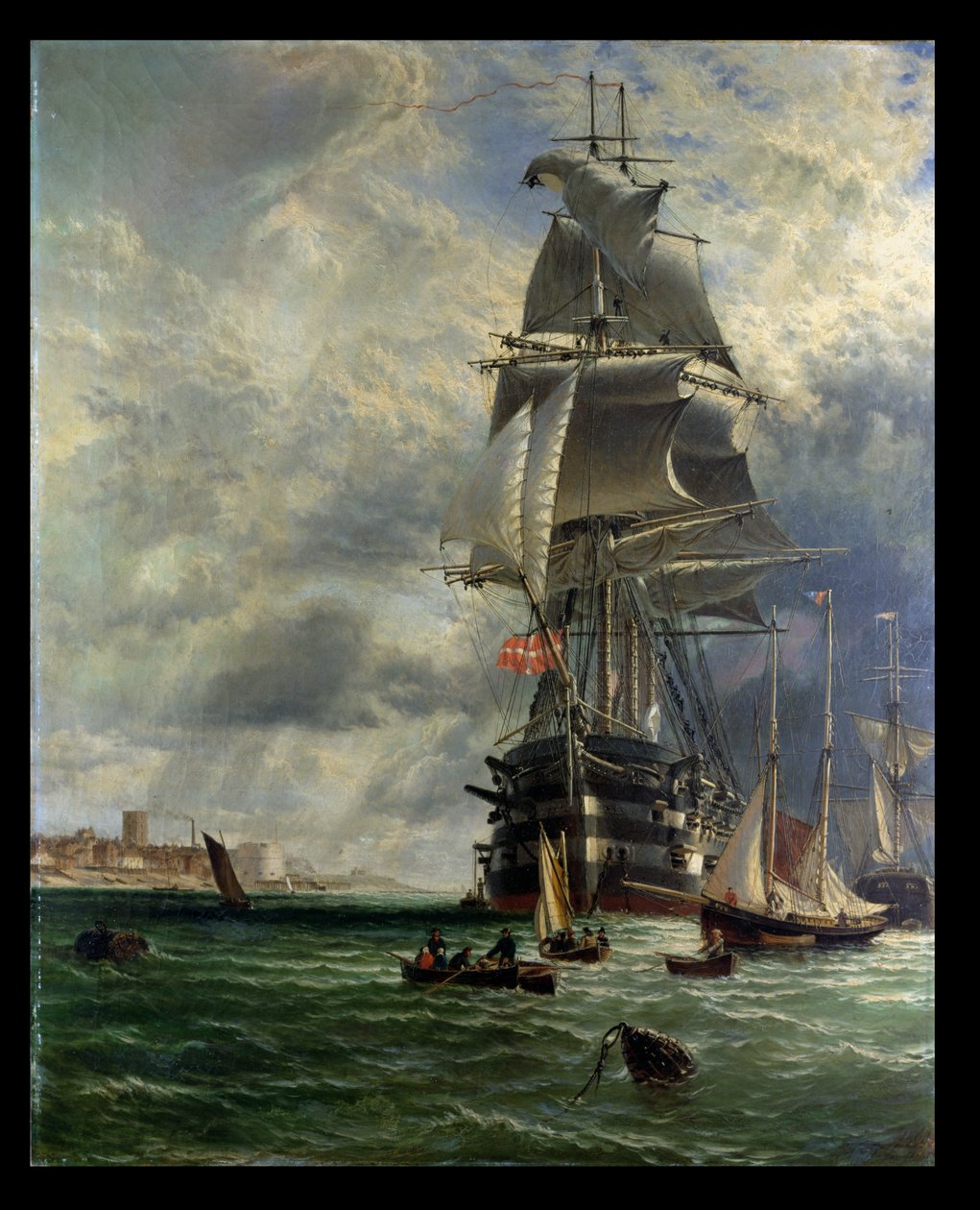 H.M.S. St. Vincent hänen kiinnityspaikoillaan Haslar Creekin sisäänkäynnin edustalla, Portsmouth, 1868 tekijältä Henry Dawson