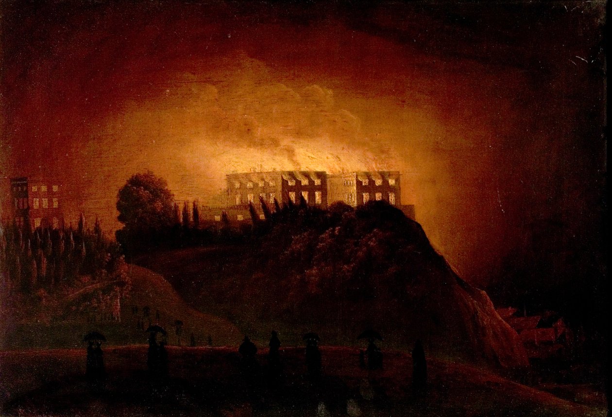 Nottinghamin linna tulessa, 10. lokakuuta 1831, 1800-luvun puoliväli tekijältä Henry Dawson