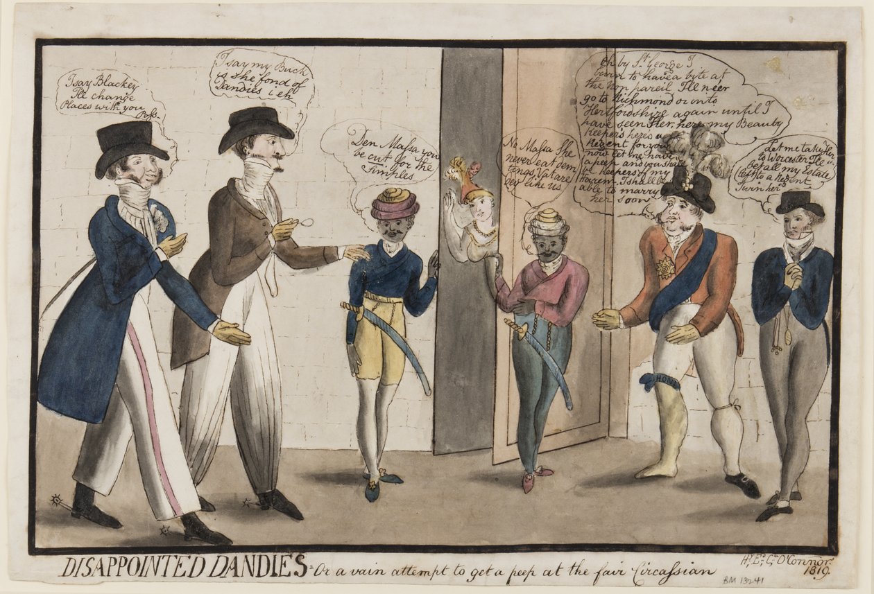 Pettyneet Dandies: Tai turha yritys kurkistaa messuille Circassian, 1819 (kynä, sivellin, muste ja wc paperilla) tekijältä Henry E. O. OConnor