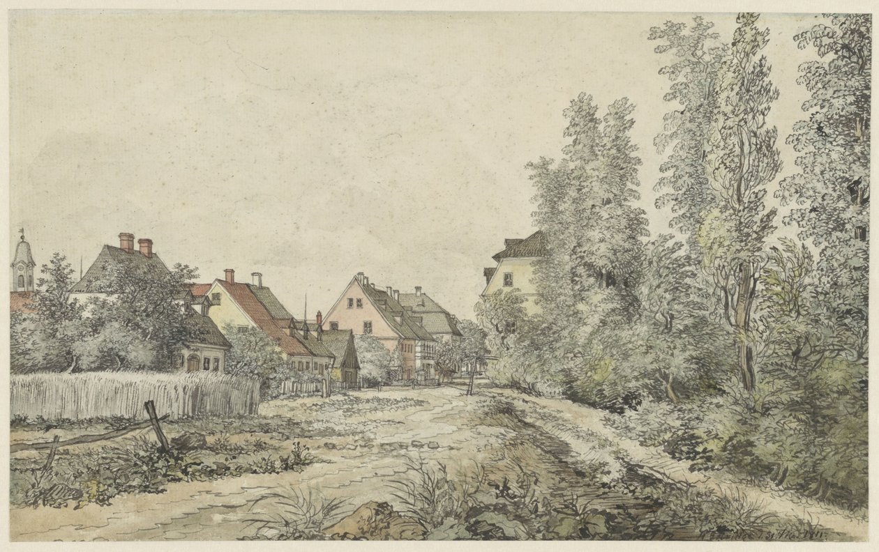 Carretera del poble amb cases (a Alemanya?) acabat tekijältä Henry Edridge