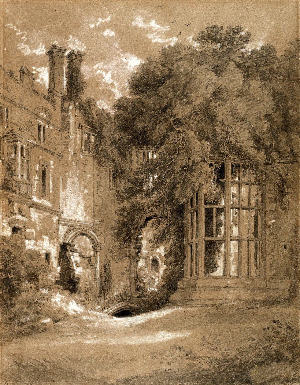 Kenilworth Castle (musta liitu, jossa harmaa pesu, korostettu valkoisella ruskealla paperilla) tekijältä Henry Edridge