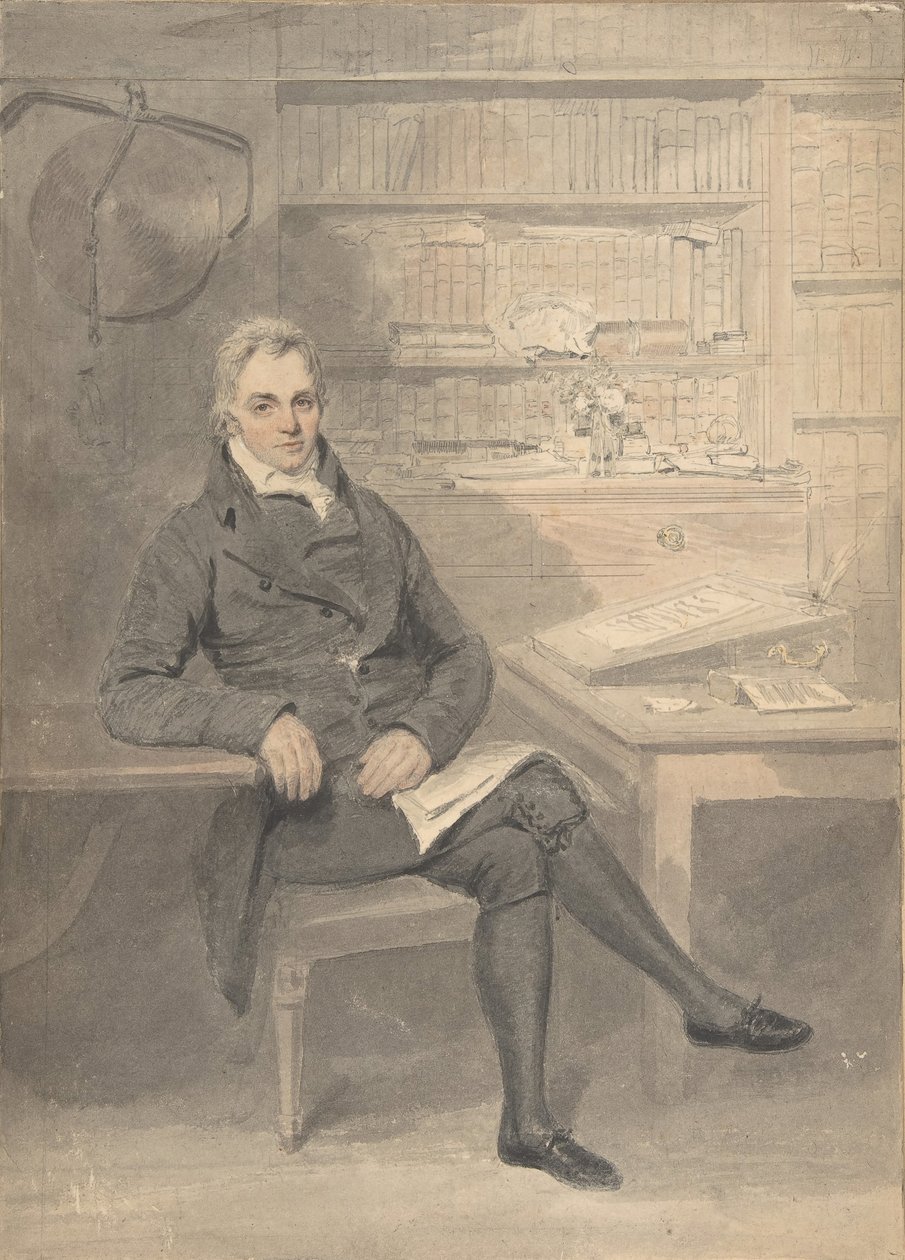 Kirjoituspöydän edessä istuvan miehen muotokuva, 1795-1800. tekijältä Henry Edridge