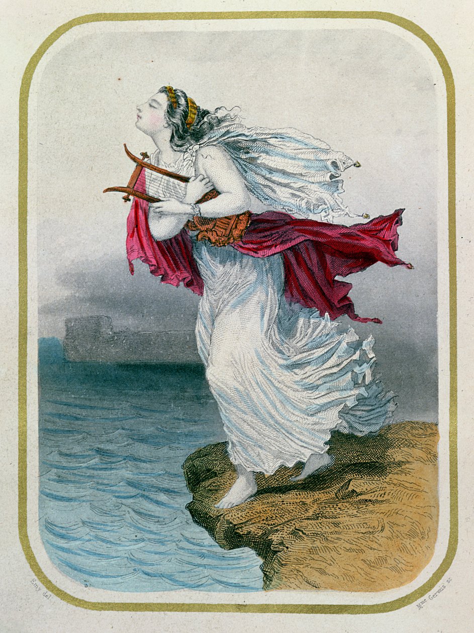 Runoilija, Sappho, heittäytyy mereen, kaiverrus Mme Gervais, 1849 tekijältä Henry Emy