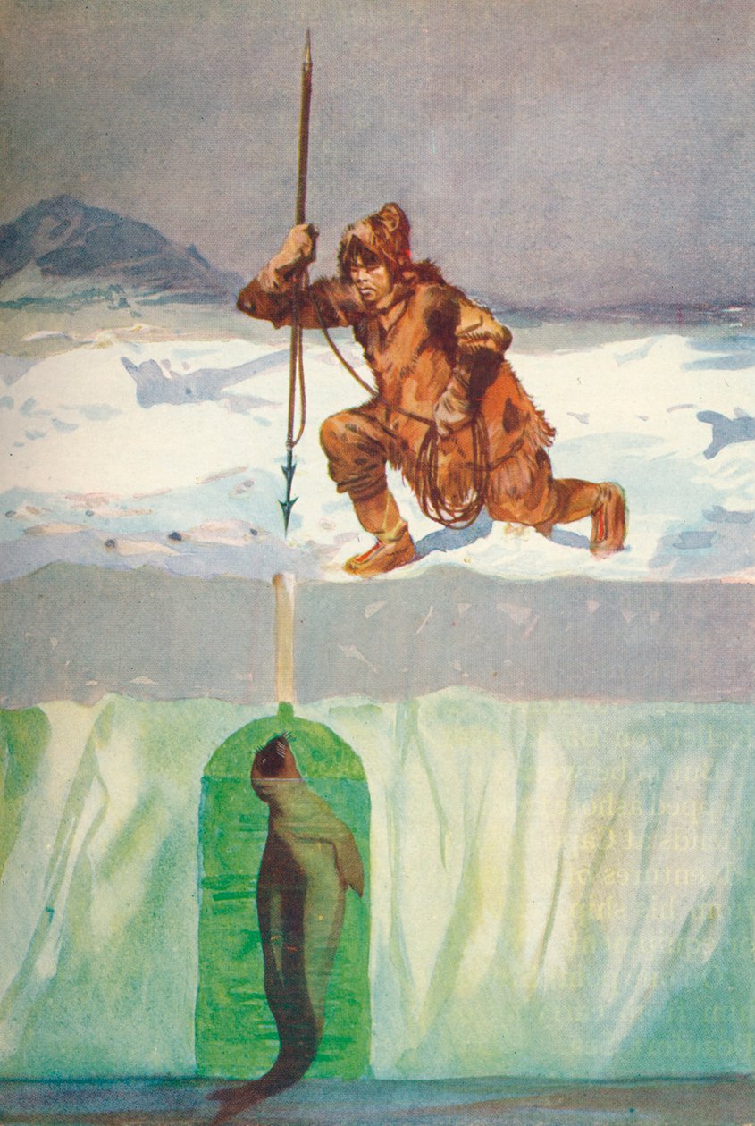 "Eskimo aikoo keihästää sinetin hengitysaukon läpi", c1927, 1928 tekijältä Henry Evison