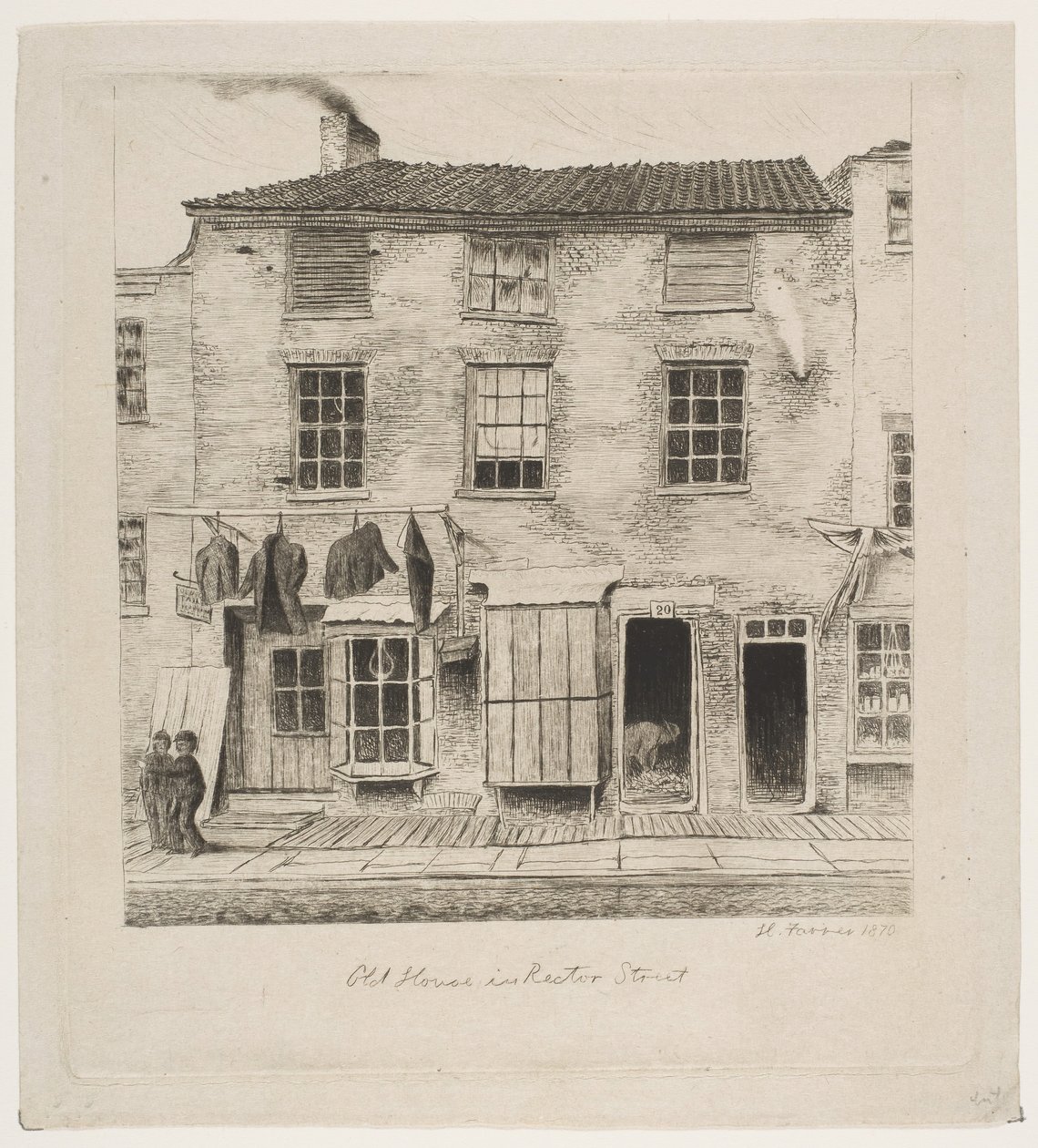 Vanha talo Rector Streetillä Scenes of Old New Yorkista, 1870. tekijältä Henry Farrer