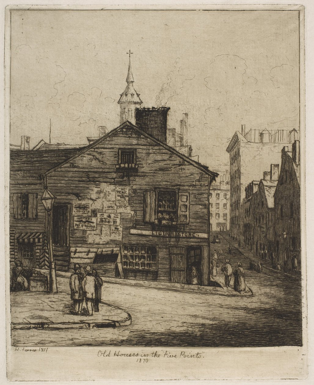 Vanhoja taloja Five Pointsissa, 1870, teoksesta "Näkymiä vanhasta New Yorkista" tekijältä Henry Farrer