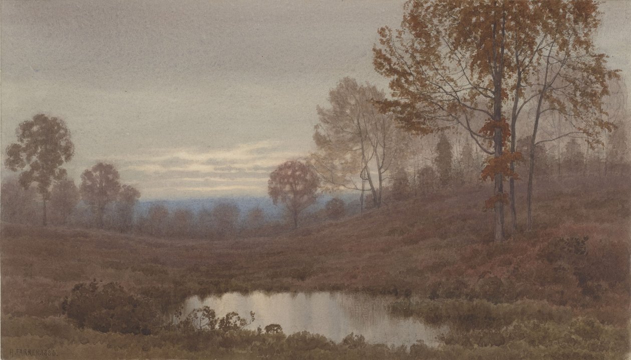 Auringonlaskumaisema ja lampi tekijältä Henry Farrer