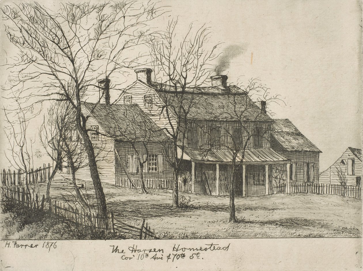 Harsen Homestead, 10th Avenuen ja 70th Streetin kulma Scenes of Old New Yorkista, 1876. tekijältä Henry Farrer