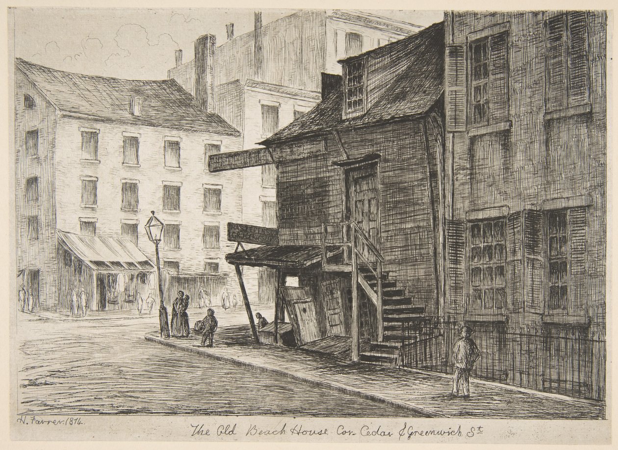 Vanha Beach House Cedar Streetin ja Greenwich Streetin kulmassa, teoksesta "Näkymiä vanhasta New Yorkista" tekijältä Henry Farrer
