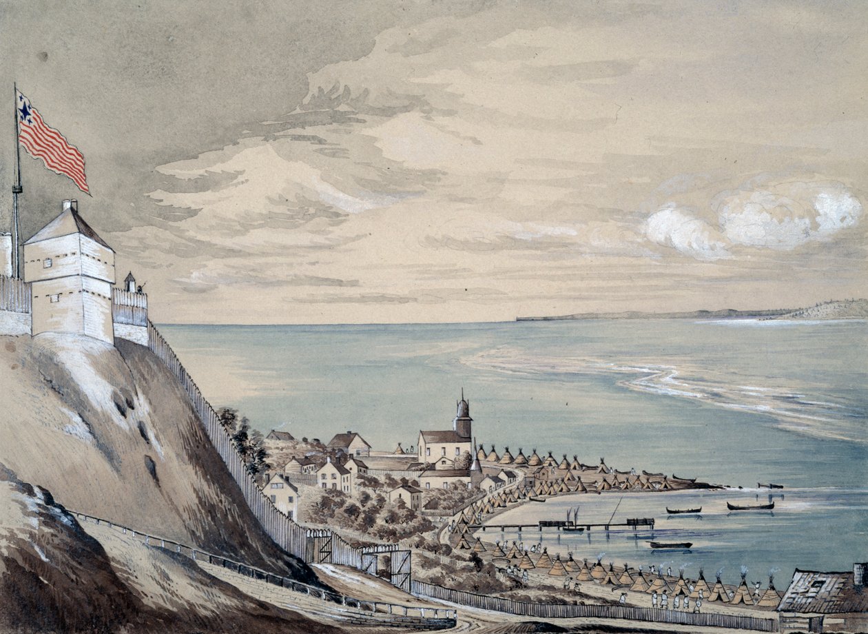 Linnoitus ja Mackinawin kylä, intiaanien leirintäalue, syyskuu 1842 (wc paperilla) tekijältä Henry Francis Ainslie