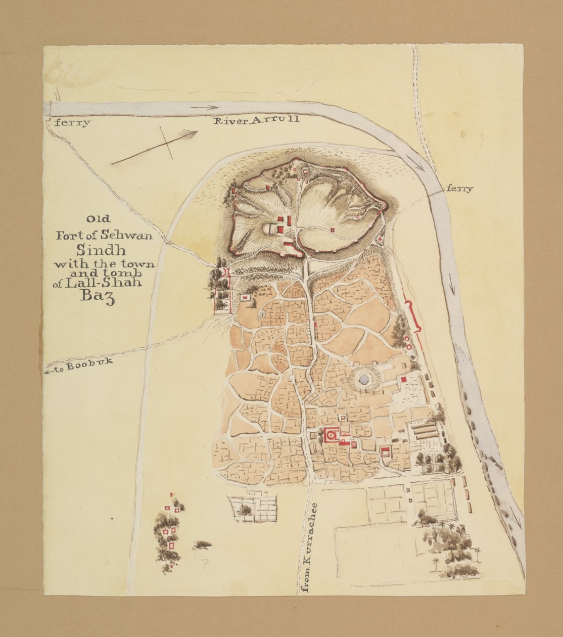 Vanha Sehwanin linnoitus, Sindh (muste ja akvarelli paperille) tekijältä Henry Francis Ainslie