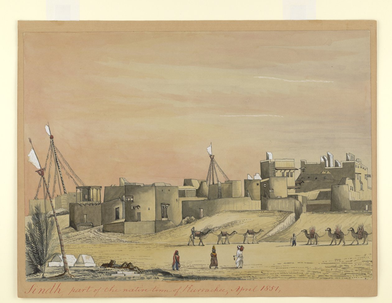 Osa Kuracheen (Karachi) kotikaupunkia, huhtikuu 1851 (akvarelli paperille) tekijältä Henry Francis Ainslie