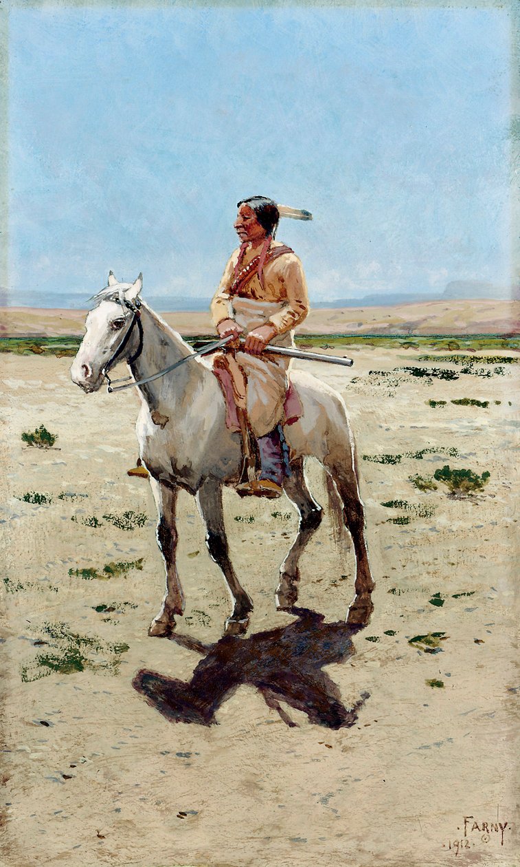 Cheyenne Scout. Ratsastava intiaani kiväärin kanssa. Henry Francois Farnyn (1847-1916) maalaus. tekijältä Henry Francois Farny