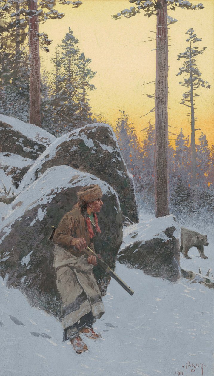 Indian Bear Hunter, 1911 (akvarelli paperille kiinnitettynä alukseen) tekijältä Henry Francois Farny