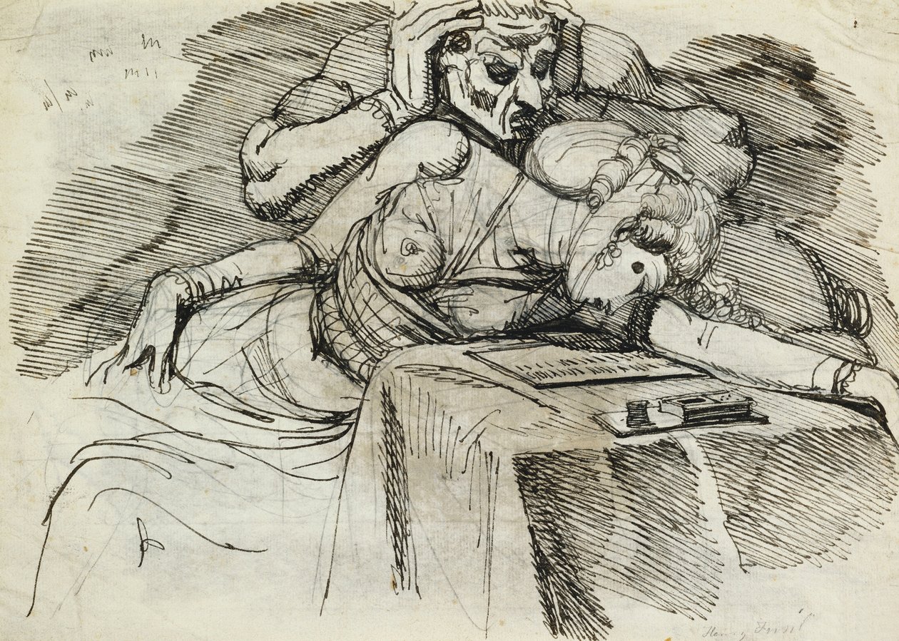 Nainen pyörtymässä kirjoituspöydän ääressä, uhkaava hahmo takana tekijältä Johann Heinrich Füssli