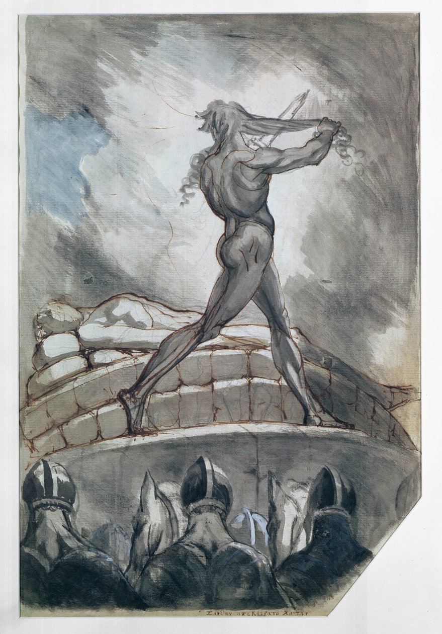 Akhilleus uhraa hiuksensa Patrocluksen puolesta, 1800-5 (kynän ja musteen pesu paperille) tekijältä Johann Heinrich Füssli