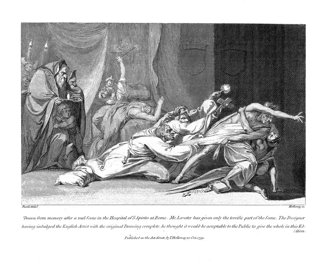 Yritys karkottaa pahoja henkiä, jotka pitävät potilasta San Spiriton sairaalassa Roomassa, 1792 tekijältä Johann Heinrich Füssli